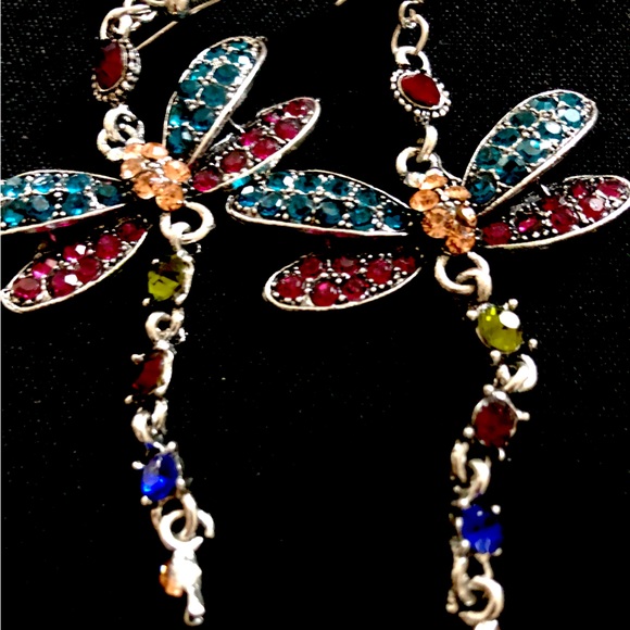 Dragonfly earrings large dangle hook silver rhinestones whimsical vintage - Picture 8 of 9